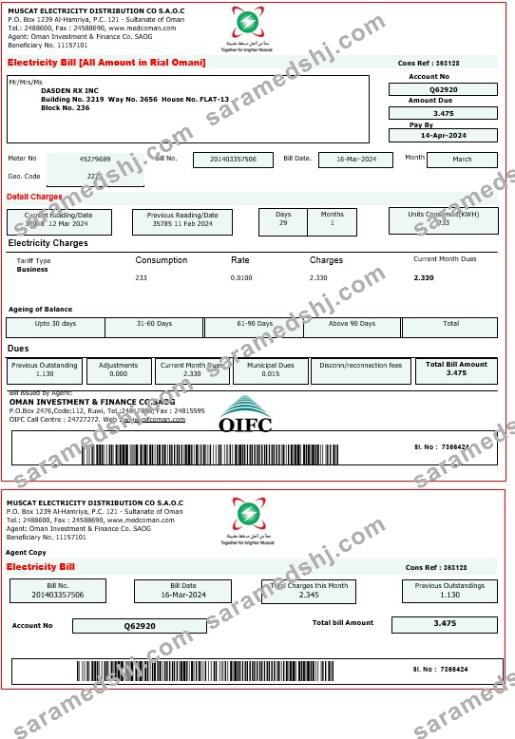 OMAN MUSCAT ELECTRICITY business utility bill Word and PDF template